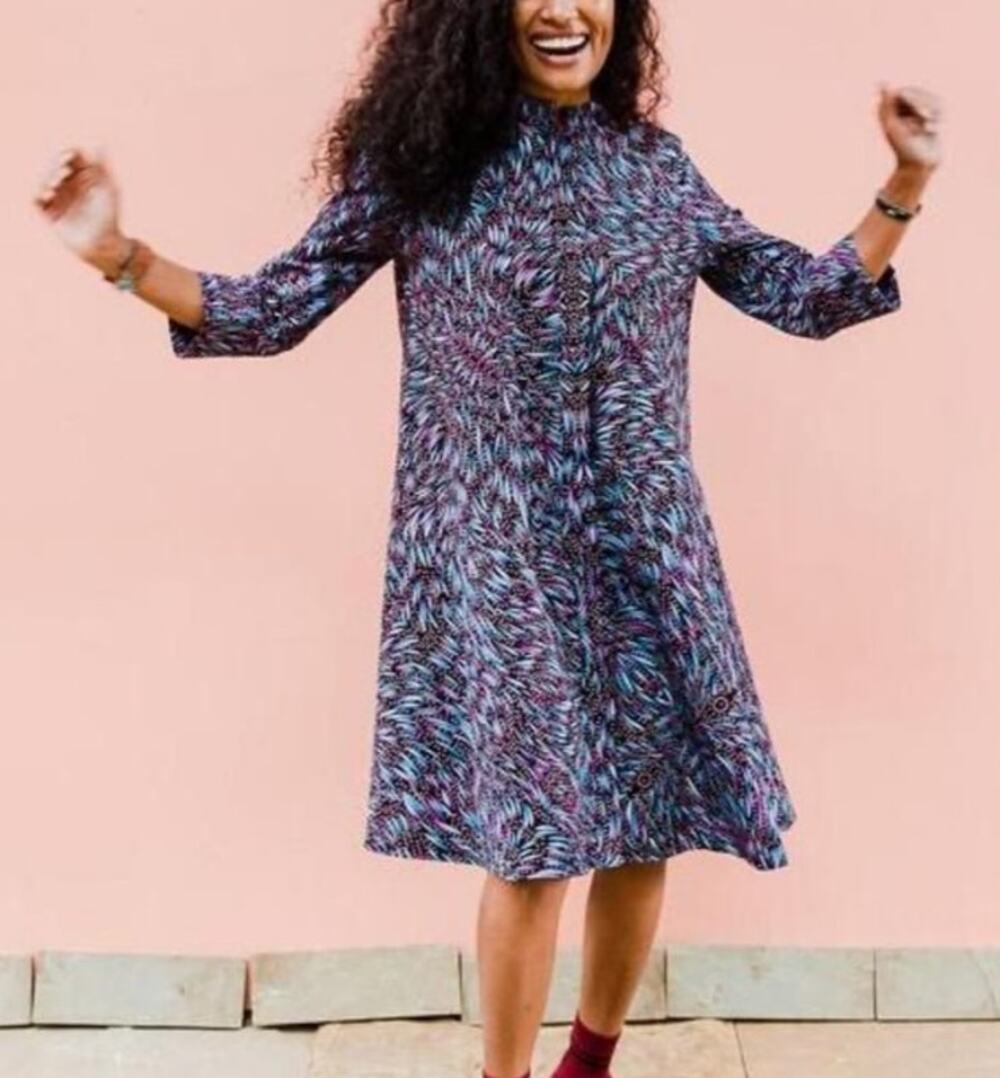 Zuri Kenya Cotton Shirt Dress Medium Blue Purple Abstract Button Front Pockets
